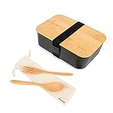 Naturoom Bento Lunchbox für Erwachsene/Kinder, inklusive 1 Lebensmittelbehälter mit 1 Trennwänden, 1 Holzbesteck (1 Gabel und 1 Löffel) mit 1 Baumwollbeutel und 1 Bambus-Schneidebrettdeckel.