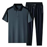 Herren Sommer Business Casual Sportanzug Kurzarm Hosen 2 Stück Set Patchwork Trainingsanzug, grau, XL