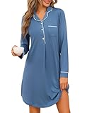Jahetuul Nachthemd Damen Schlafshirt Langarm V-Ausschnitt Nachthemden für Damen Baumwolle Nachtwäsche Sleepshirt Nachtkleid mit Knopfleiste