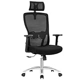 Durrafy Ergonomischer Bürostuhl, Schreibtischstuhl Höhenverstellbar, Drehstuhl mit Verstellbarer Lendenwirbelstütze und Kopfstütze, 90°-130°Liegefunktion, Bürostuhl bis 150 kg Belastbar, Schwarz