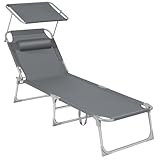 SONGMICS Sonnenliege, klappbarer Liegestuhl, 193 x 53 x 29 cm, trägt bis zu 150 kg, Sonnenschutz, Kopfkissen, verstellbare Rückenlehne, für Garten, Pool, Terrasse, dunkelgrau GCB19UV1