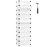 SONGMICS Schuhregal, DIY, Schuhschrank mit Tür, 10 Ebenen, aus PP-Kunststoff, Schuhablagen, mit Gummihammer und Umkippschutz, halbtransparent weiß, LPC10W