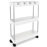 Zosenyer Servierwagen mit Rollen, Küchenwagen mit 3 Ebenen, Küchenregal mit 4 Haken, Nischenregal auf Rollen, Aufbewahrungsregal für Waschküche, Küche, Büro, Wohnzimmer