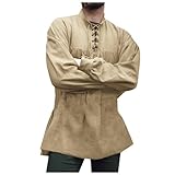 Caxndycing Herren Mitteralterhemd Langarmhemd mit Schnürung mittelalterliches Vintage-Kostüm Unifarben Mode Leinenhemd Atmungsaktiv Bequeme Freizeithemd Regular fit Premium Faltenfrei Shirt