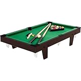 GAMES PLANET Mini Pool Billardtisch Micro inkl. Zubehör (2 Queues, Kugeln, Dreieck, Kreide, Bürste), 3 Dekore, Maße: 92 x 52 x 19 cm, Dunkles Holzdekor