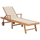 Sufrk Sonnenliege mit Auflage Creme Massivholz Teak Sonnenliege Gartenliege Wellnessliege Strandliege klappbar mit Sonnenschutz