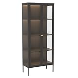 ASTUIAT Glasschrank Wohnzimmer Büro Vitrine extra großes Bücherregal verstellbares Regal Goldgriff LED Vitrine Schwarz Größe:170 x 70 x 35cm