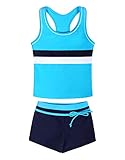 Febbabe Zweiteiliger Badeanzug für Mädchen, Sport-Bademode mit Boyshorts, Tankini-Set, Badeanzug, Kinder, Sommer, Urlaub, Strand, Badeanzug, 3–15 Jahre, Blau-a334, 14-15 Jahre