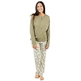 TRAMAS+ Schlafanzug Damen Lang 100% Baumwolle Pyjama Set Zweiteiliger Nachtwäsche Winter Langarm - Kalliope Grün, L