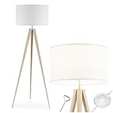 tectake® Dreibein Stehlampe, Lampe im retro boho Stil, gemütliches Ambient Light für Schlafzimmer, Wohnzimmer, als Esszimmerlampe, Lampenschirm in Leinenoptik, modern skandinavisch - eiche