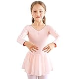 Kinder Ballettkleidung Mädchen Ballettkleid Langarm Balletttrikot Ballettanzug Tanzkleid Tanzbody aus Baumwolle mit Chiffon Rock Tütü Rosa 110