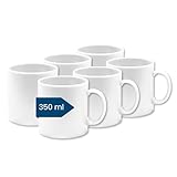 Kaffeebecher Kunststoff (6er Tassen Set, Groß, Weiß, 350ml) - Becher aus Plastik mit Henkel für Camping - Trinkbecher Kinder und Senioren (Mehrweg - BPA frei - Spülmaschinenfest - Für Mikrowelle)