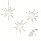Leuchtstern 3D mit LED Beleuchtung | 3er Set | weiß | Ø 27 cm| 3D Stern mit 15 Spitzen | wetterfest | Garten Deko, Wohnzimmer, Weihnachtsdeko | Weihnachtsstern | mit Timer | batteriebetrieben