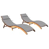 Qnhdfrt 2er Set Sonnenliegen aus massivem Akazienholz mit grauen Polstern - Klappbare Gartenliegen für Terrasse, Balkon und Strand
