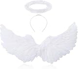 Sunshine smile 60CM Engelsflügel Weiß mit Heiligenschein,Engel Flügel,Federflügel Engel,Engels Flügel Kostüm,Engel Flügel für Damen und Mädchen,Party Fasching Kostüme Deko,Kostümparty Verkleidung