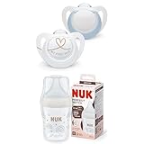 Bundle aus NUK Star Babyschnuller | BPA-freie Silikonschnuller | 0–6 Monate | blau | 2 Stück + NUK Perfect Match Babyflasche | Ab 0 Monate | Temperature Control | Anti-Colic | 150 ml