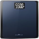 RunSTAR Digitale Personenwaage, hochpräzise Sensoren, 8 mm Sicherheitsglas, Tragkraft bis 250 kg, mit extragroßer Trittfläche und großem LCD-Display, Step-on-Technologie, blau-schwarz