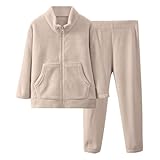 Mädchen und Junge Pyjama Set Langarm Herbst Winter Reißverschluss Pyjama Weiblich Einfarbig Nachtwäsche Papa Baby Passende Kleidung (Beige, 13-14 Jahre)