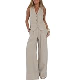 Lässige Damen-Outfits, Baumwollleinen, 2-teiliges Set, locker, ärmellos, Knopf, Weste, weites Bein, Hose, bequeme Hose, Sommerblazer, Business-Anzug, Loungewear, S-XXL, aprikose, Large