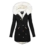 JOYISURE Winterjacke Damen Schwarz Mit Fell | Weiß Teddyfell Gefütterte Winterparka Tunika Fleecejacke Elegant Schmale Outdoor-Plüschjacke Lässig Dicker Steppmantel mit Pelzkragen(Schwarz,L)