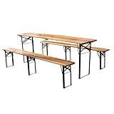 HaoChrymec Faltbare Bierzeltgarnitur 220 cm, 3-teilig: 1 Klapptisch + 2 Bierbänke, wetterfeste Kiefer massiv, platzsparend, bis 200 kg, Biertischgarnitur für Camping und Garten, Natural Wood