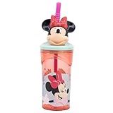 Disney Minnie Mouse 3D Kinder-Wasserflasche mit Deckel und Strohhalmen für Schule, Reisen, Sport und Picknick