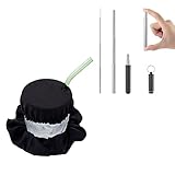 1 Stück Cup Cover Haarband, Trinkkappe Haarband Scrunchies mit 1 satz einziehbarem Edelstahl-Strohhalm-Set mit Bürste, Anti-Spike-Getränkeabdeckung, wiederverwendbar, für Party Disco Club usw.