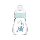 MAM Feel Good A159 Flasche aus Glas, mit Sauger 1 patentierter SkinSoftTM Ultraweiches Silikon, für Babys ab 0 Monaten, 170 ml, Blau