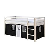 Homestyle4u 2538, tolles Kinderhochbett Pirat weiß schwarz 90 x 200 cm Holz Kinderbett Spielbett mit Leiter & Lattenrost