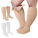 Hillban 2 Paar breite Waden-Kompressionsstrümpfe in Übergröße mit Reißverschluss für übergewichtige Frauen Männer 15 bis 25 mmHg, Beige / Weiß, 4X-Large