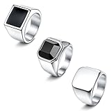 JeweBella 3 Stück Siegelring Edelstahl Ringe Herren Männer Silber Breitband Biker Vintage Ringe Schwarz Siegelring Einfacher Quadratischer Achat Solide Poliert Hip Hop Rock Band Ringe Set Größe 54-70