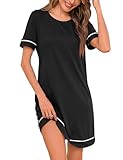 Aseniza Nachthemd Damen Kurzarm Schlafshirt Baumwolle Sommer Nachtkleid Knielang mit Kontrastpaspelierung Nachtwäsche Frauen Bequem Atmungsaktiv