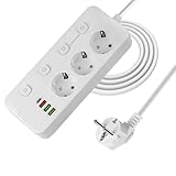YANGUN Steckdosenleiste Einzeln Schaltbar, 3 Fach Mehrfachsteckdose mit 3 USB und 1 Type C, Verteilersteckdose mit 2M Verlängerungskabel, Steckdosenleiste Wandmontage für Zuhause, Büro(Weiß)