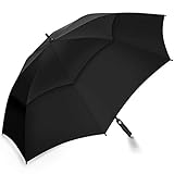 Automatik Golf Regenschirm - 158 cm / 62 Zoll Groß Stockschirm GolfSchirme für Herren männer Familiengebrauch Robust Sturm geschützt durch Doppelkappe mit Windöffnung (Schwarz)