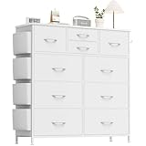 Buluri Kommode mit 10 Stoffschubladen, Komodenschrank mit Seitentaschen und Haken, Holzplatte und Metallrahmen, Stoffkommode für Schlafzimmer, Wohnzimmer, Flur, Kinderzimmer (Weiß)
