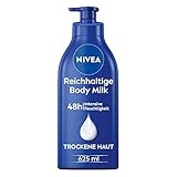 NIVEA Reichhaltige Body Milk (625 ml), für 48h Feuchtigkeitspflege, Lotion mit 5 in 1 Formel für trockene Haut mit Tiefenpflege Serum, Mandelöl und Vitamin E