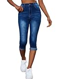 Onsoyours Capri Jeans Damen Sommer Jeanshosen 3/4 Hose High Waist Jeans Dreiviertel Hosen Stretch Denim Hose Kurze Jeans Caprijeans A Dunkelblau XL