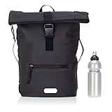 Elephant Rucksack Herren Plane Time Bag Kurierrucksack Roll-Top Fahrradrucksack Sport Fitness Damen 23 Liter A4 12821 + Flasche (12825 Black Uni)