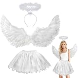 YeahBoom 3-stück Weiß Engel Kostüm Damen, 60cm Engelsflügel Erwachsene mit Heiligenschein, 70-110cm Tüllrock Damen, Engelsflügel und Halo für Halloween, Karneval, Cosplay, Party, Fasching, Kostümparty