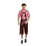 trachtenmode herren, Lederhose Herren Kurz Trachtenset inkl. Trachtenlederhose Trachtenhemd Trachtenhut 3 Teilig mit Taschen Outfit Trachtenhose Hosenträger Bequem Oktoberfest Kostüm S