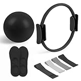 Pilates Essential Kit - Portable Fitness Equipment - with Toning Pilates Ring & Long Resistance Bands & Loop Bands & Soft Ball & Grip Socks (Black)