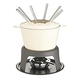 MasterClass Fondue-Set aus Gusseisen, Fondue-Topf mit 6 Gabeln und emaillierter Schüssel aus Gusseisen, hervorragende Wärmespeicherung und einstellbarer Brenner, Geschenkpackung, cremefarben, 21x18cm