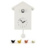 WALPLUS Weiße Moderne Kuckucksuhr Vogelgesang Pendeluhr Moderne Sound Control Kuckucksuhren Batteriebetrieben Pendel Cuckoo Clock für Zuhause Wohnzimmer Büro Deko