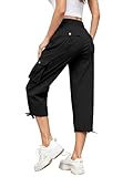 Hose Damen 3/4 Sommer Casual Cargohose Caprihose Jogginghose Comfy Stretch Leichte Outdoor Sport Reise Wanderhose Mit 6 Taschen (Schwarz, M)