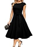 DRESSTELLS Kleid für hochzeitsgäste Rockabilly Kleid Knielang Vintage Retro Kleider Faltenrock Midi Cocktailkleid Black XL