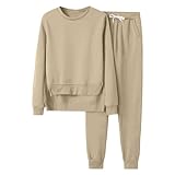 Huoghebg Sweatshirt Damen Sport Set Winter Fleece Thermo Ohne Kapuze Jogginganzug Einfarbige Sportanzug Loose Pullover Beam Feet Sportosen Fitness Trainingsanzug Zweiteiler Sweatpants Anzug