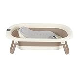 Faltbare Babybadewanne mit Thermometer, Badewannenliege, Duschanschluss, rutschfester Saugnapf, für Neugeborene 0-24 Monate (Khaki, 43 x 71 x 18,5 cm)