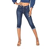 Nina Carter P132 Damen Capri Skinny Fit Jeanshosen HIGH Waist Jeans Used-Look Waschungseffekt, Dunkelblau (P132-1), XXL