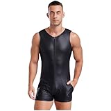 Sywiyi Herren Sexy Body Ärmellos Bodysuit Booty Unterhemd Overall Sexy Tank Top Body im Schritt Offen Kunstleder Unterwäsche Dessous Schwarz L