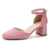 Greatonu Damen Pumps mit Knöchelriemen Spangenpumps Schnalle Pumps Fesselriemen Blockabsatz Riemchenpumps Sandale Absatzschuhe Geschlossene Eckige Spitze Pumps High Heels Hochzeiten Party Meer Rosa 41